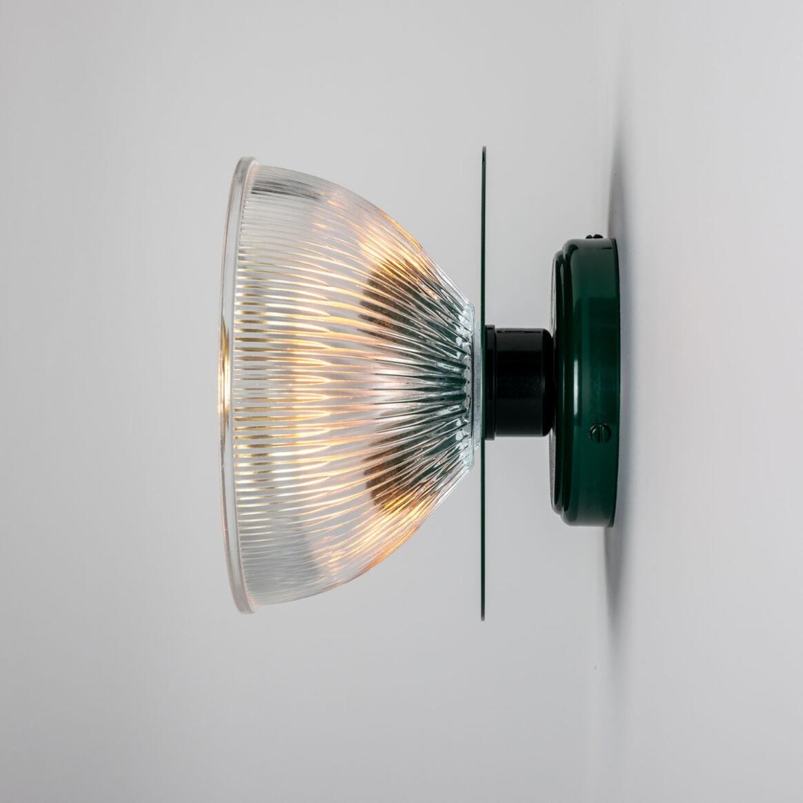 Mullan - Eclipse Coloured Brass and Prismatic Glass Dish Wall Light 20cm IP20 - Powder Coated Racing Green Finish