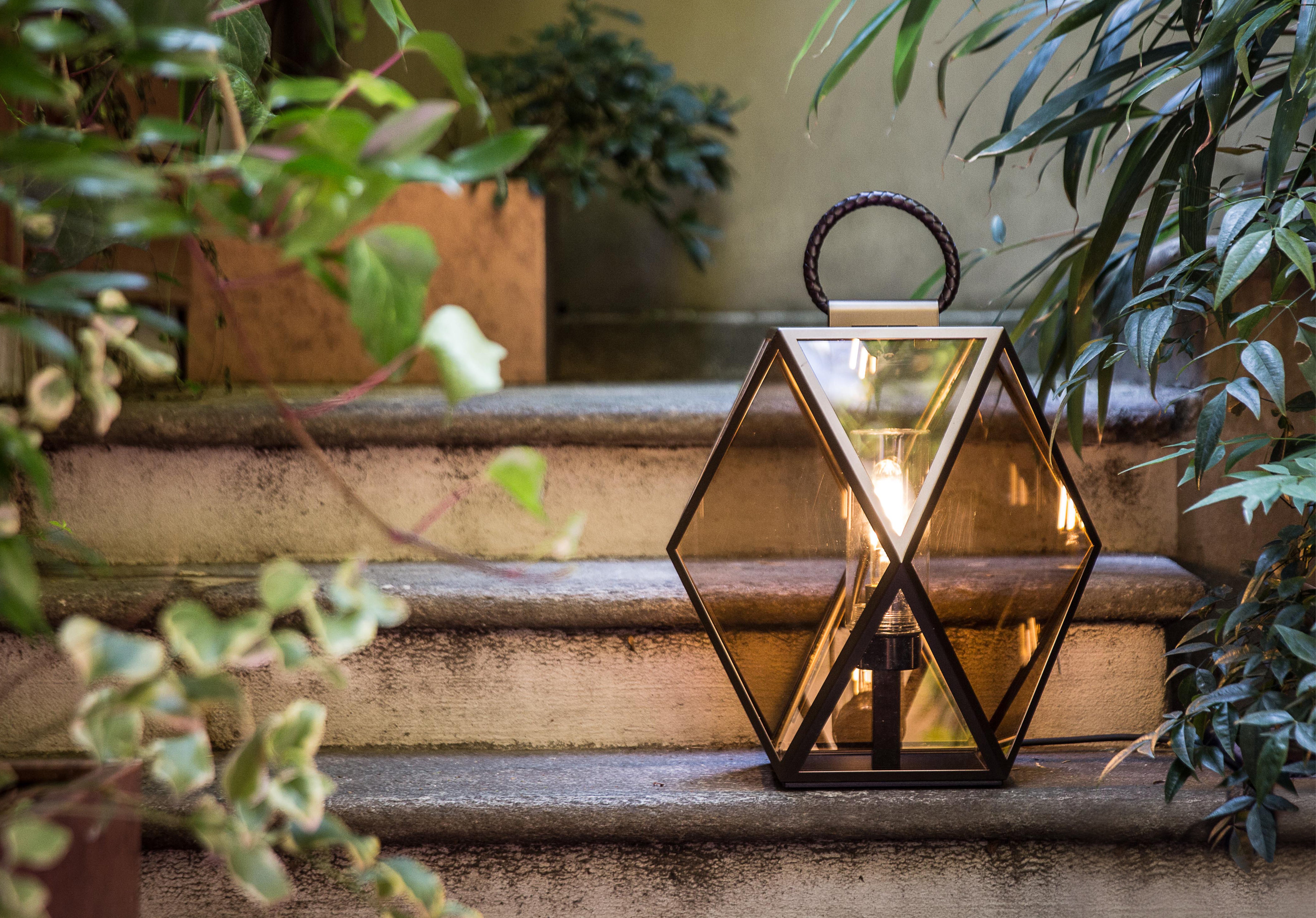 Contardi Lighting Muse Lantern Floor Lamp - Medium - Bronze Lacquered Brown Braided Leather Handle - Amber Acrylic