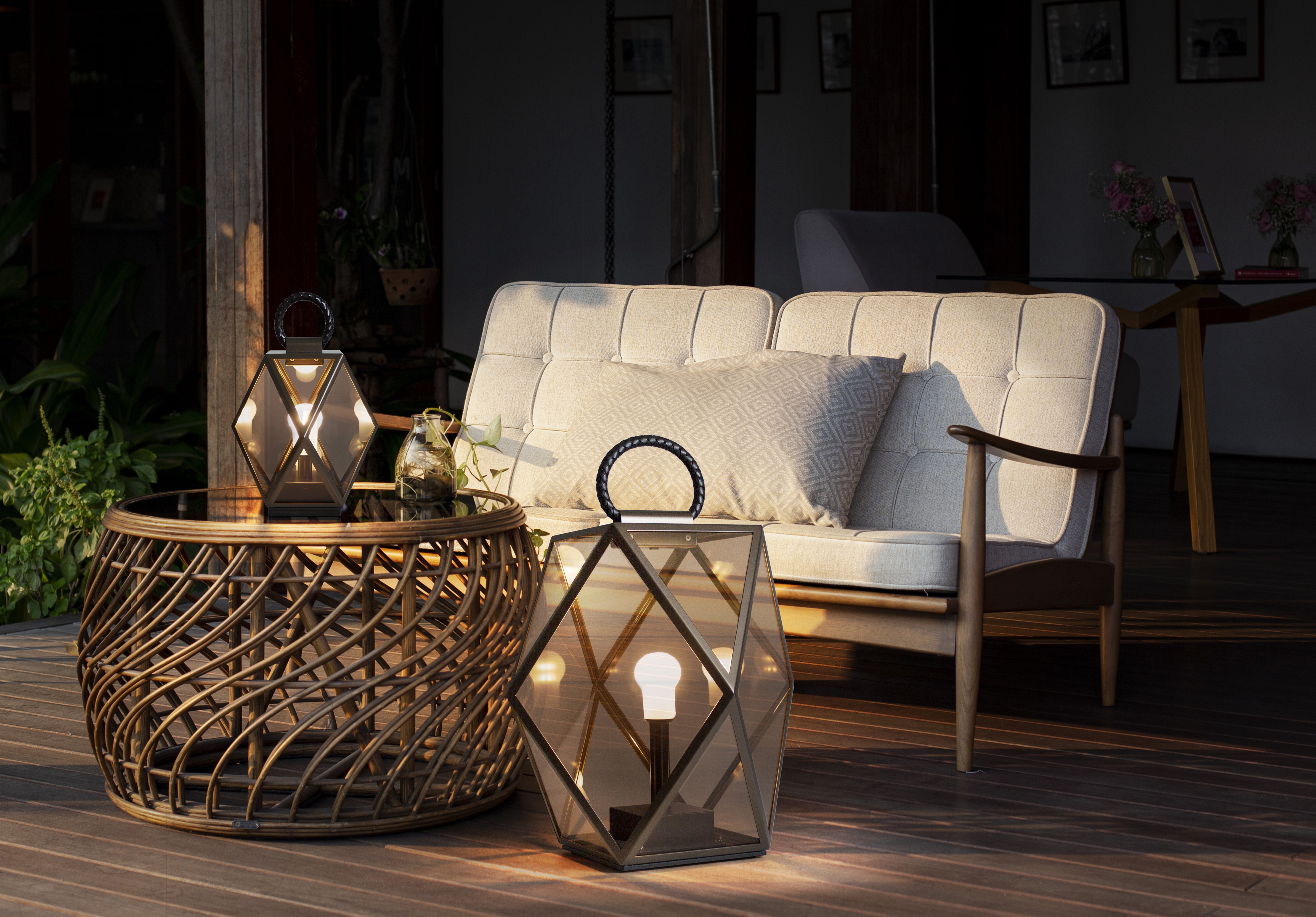 Contardi Lighting Muse Lantern Battery Floor Lamp - Medium - Bronze Lacquered Brown Braided Leather Handle - Amber Acrylic