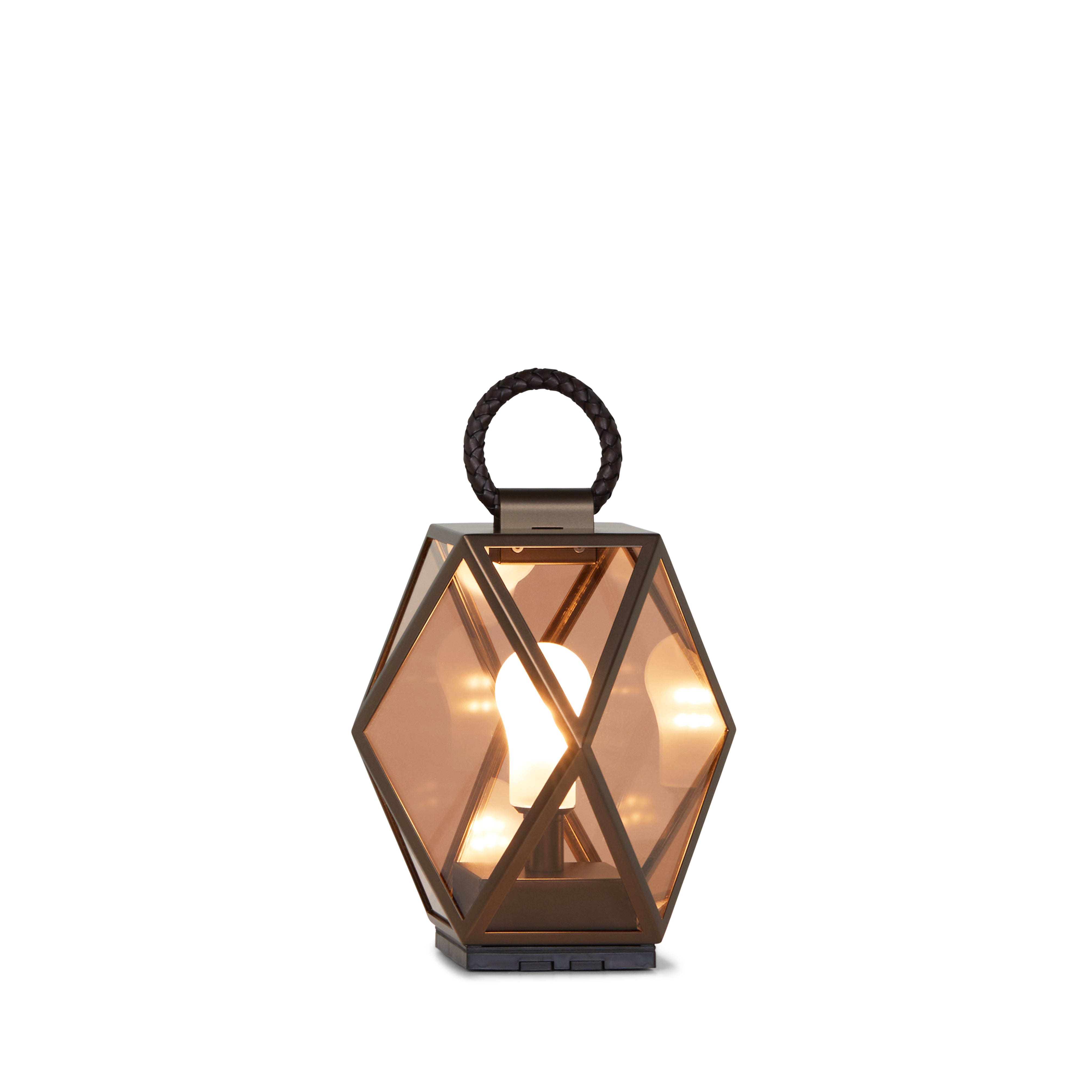 Contardi Lighting Muse Lantern Battery Floor Lamp - Small - Bronze Lacquered Brown Braided Leather Handle - Amber Acrylic