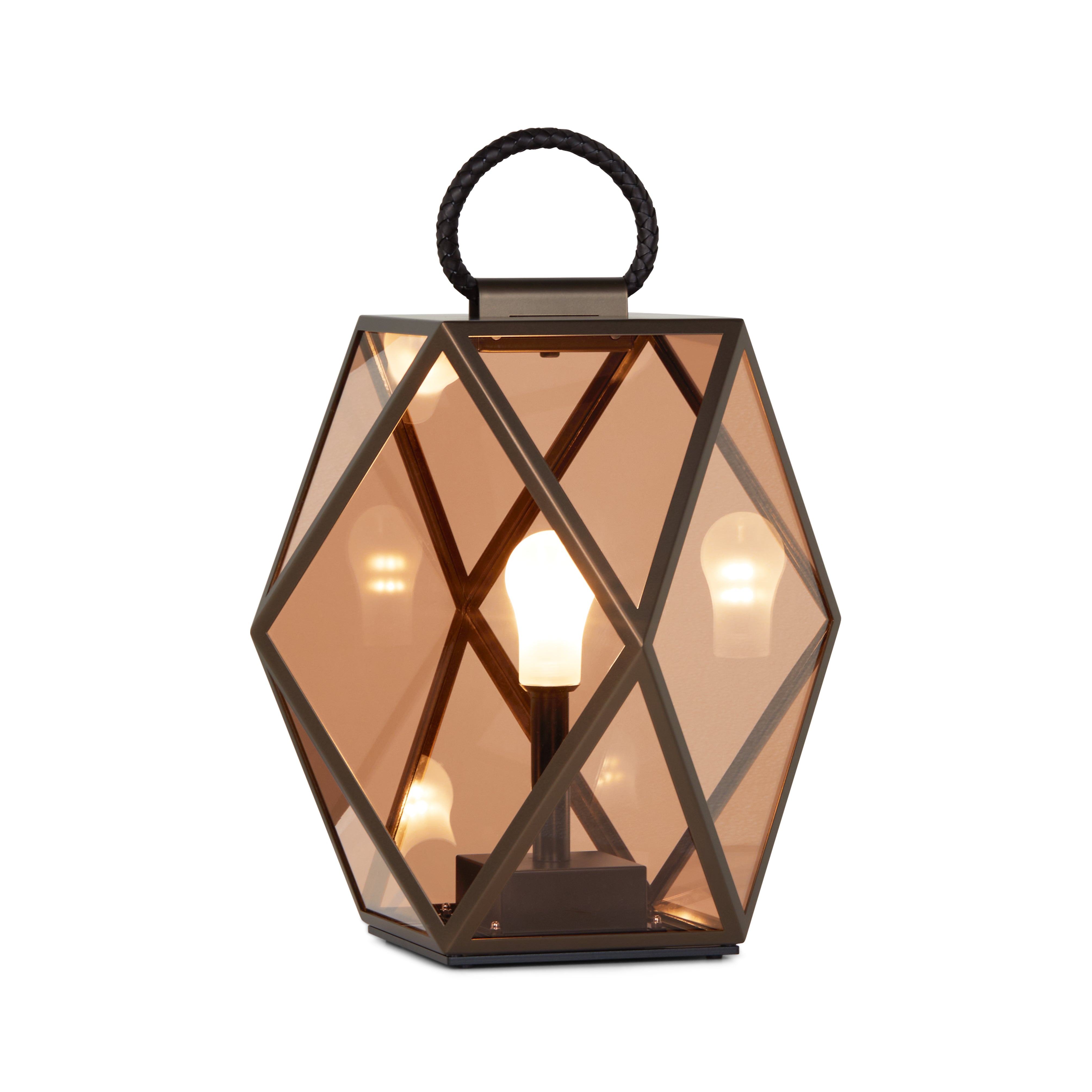 Contardi Lighting Muse Lantern Battery Floor Lamp - Large - Bronze Lacquered Brown Braided Leather Handle - Amber Acrylic