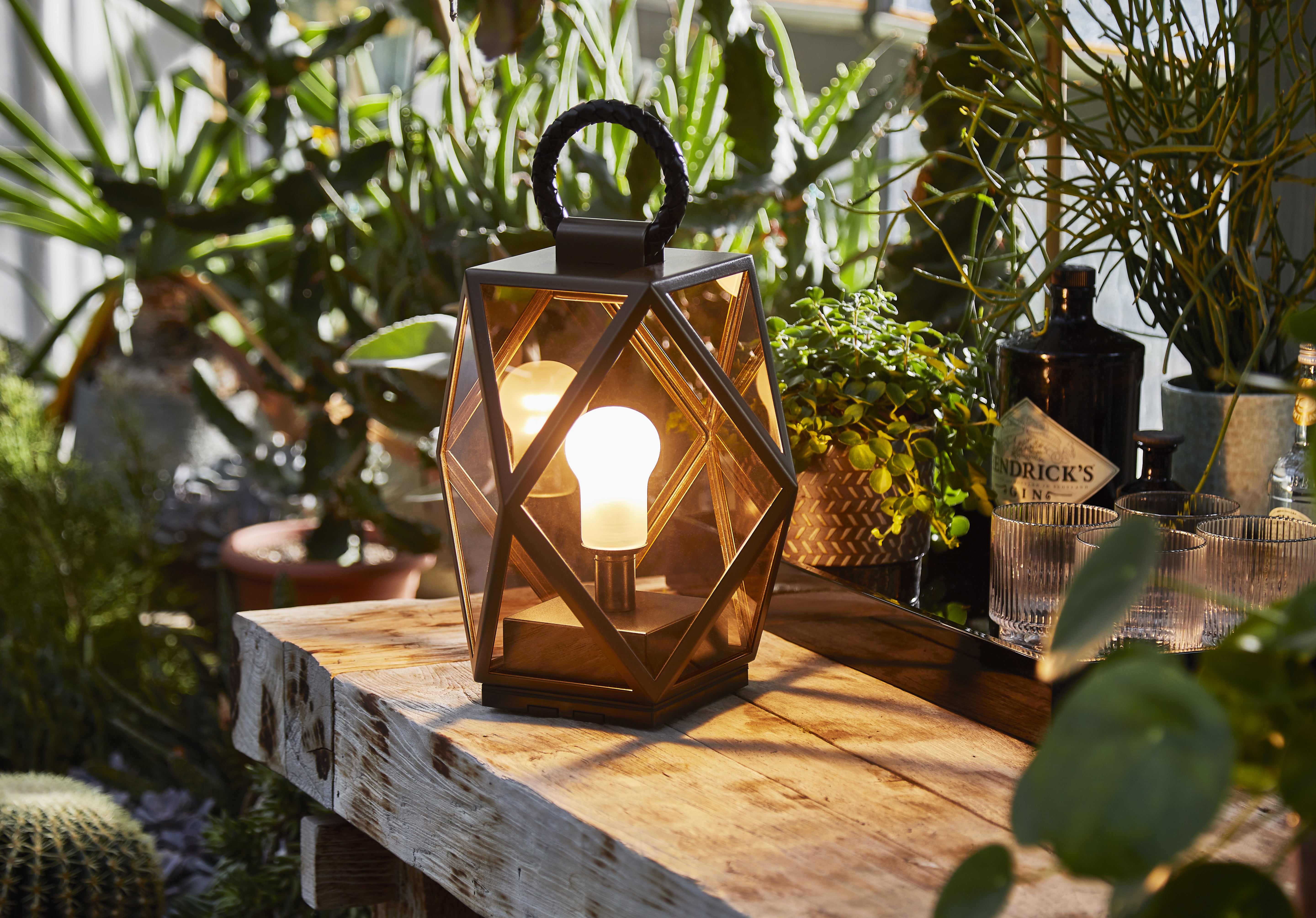 Contardi Lighting Muse Lantern Battery Floor Lamp - Medium - Bronze Lacquered Brown Braided Leather Handle - Amber Acrylic