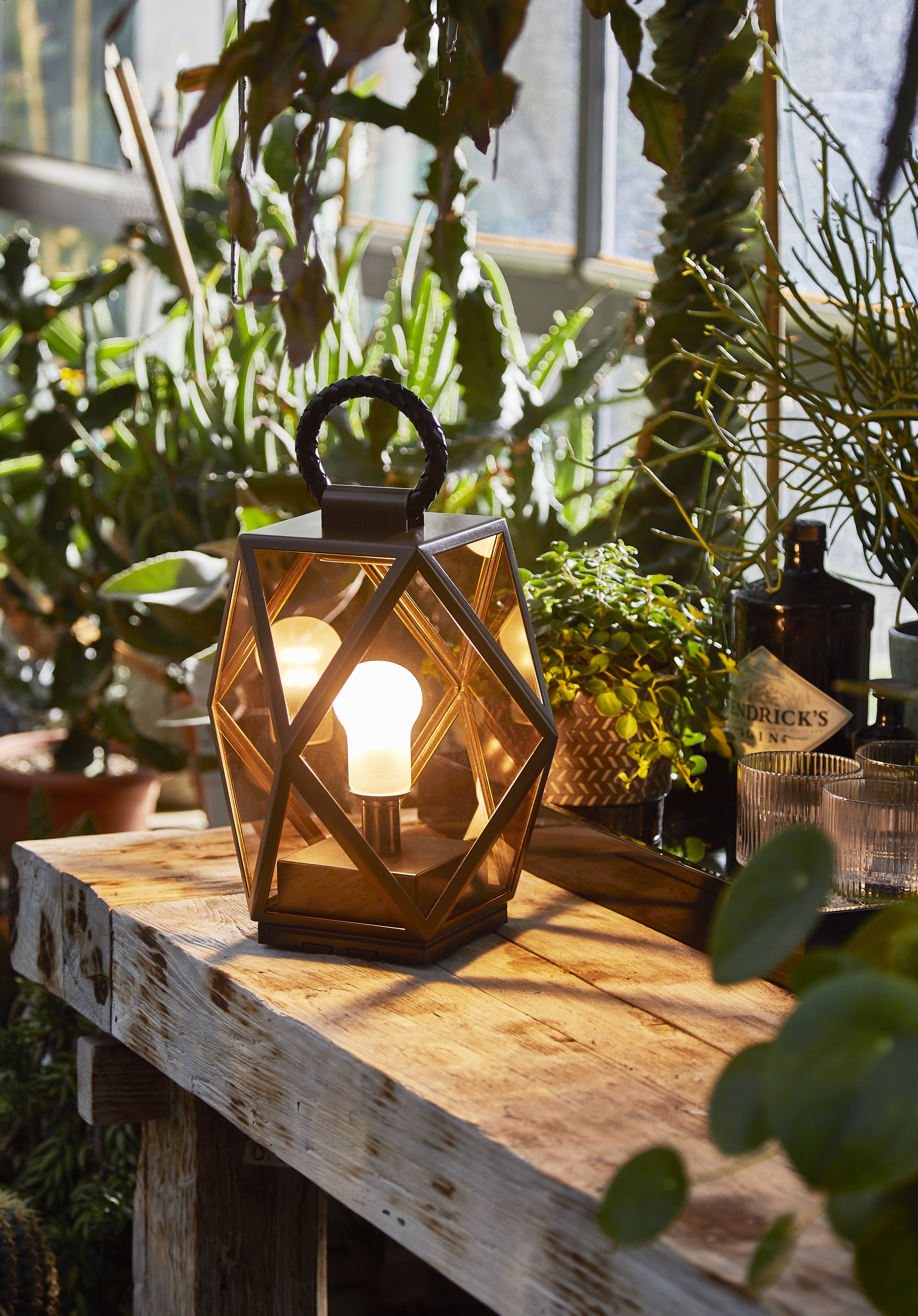 Contardi Lighting Muse Lantern Battery Floor Lamp - Small - Bronze Lacquered Brown Braided Leather Handle - Amber Acrylic