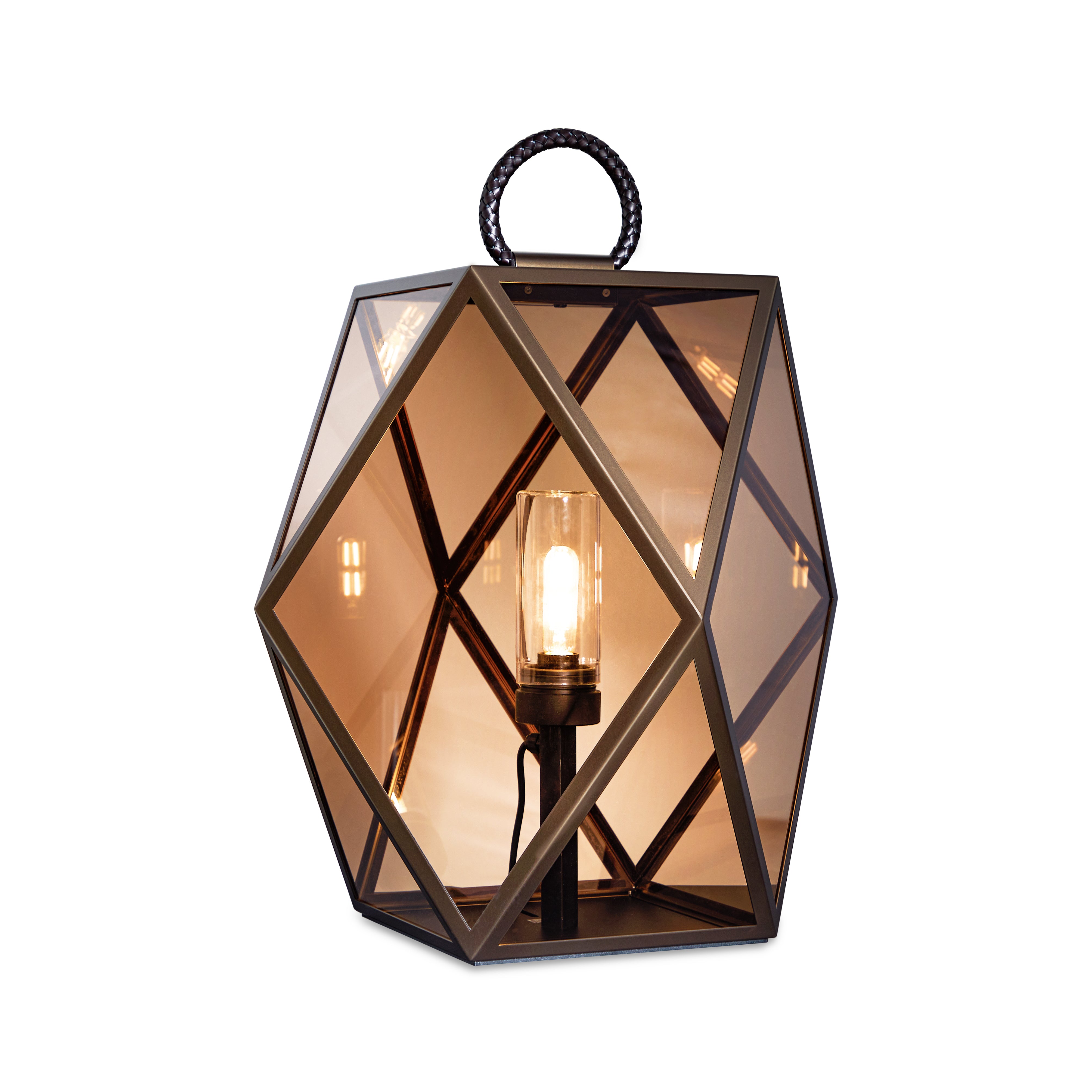 Contardi Lighting Muse Lantern Floor Lamp - Large - Bronze Lacquered Brown Braided Leather Handle - Amber Acrylic