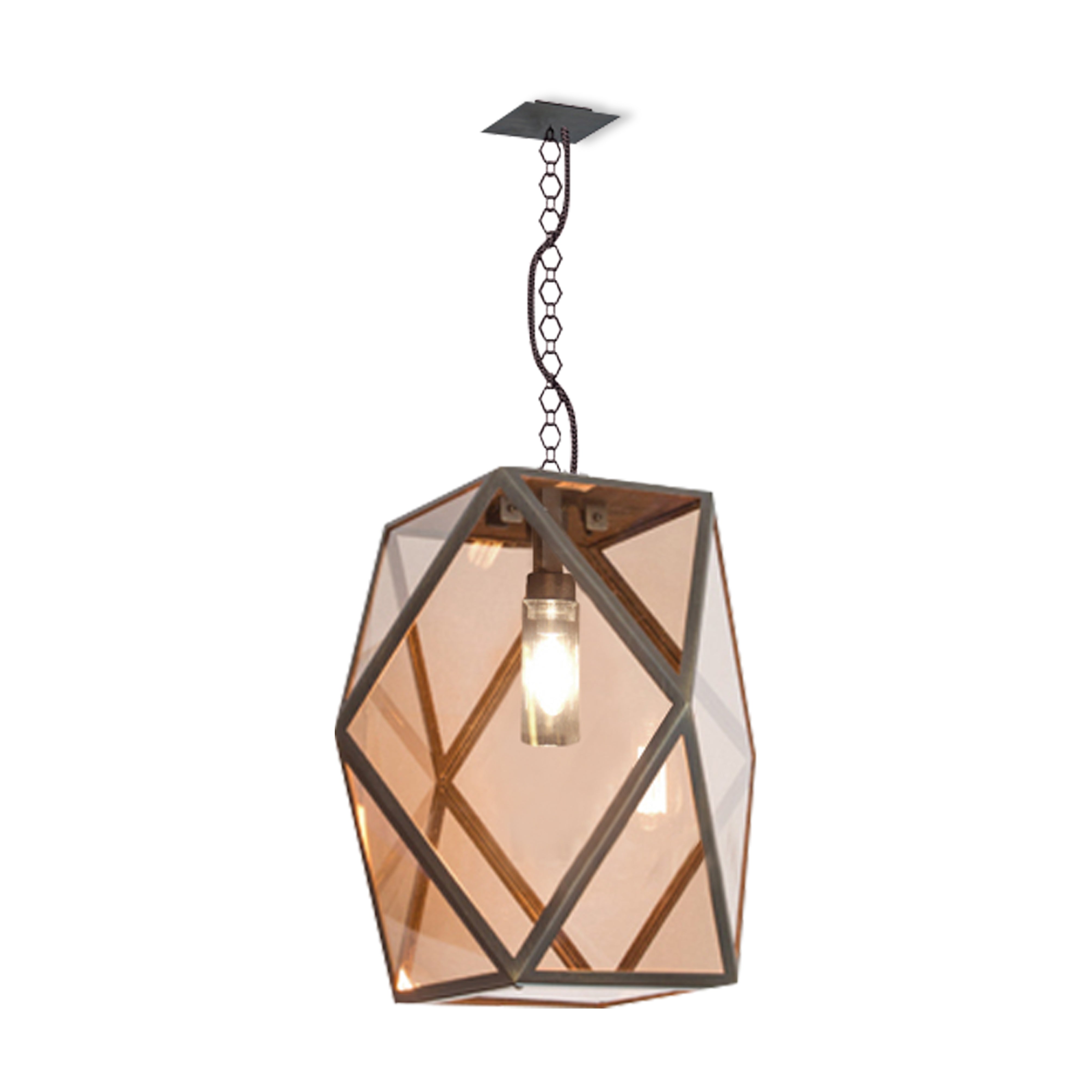 Contardi Lighting Muse Lantern Suspension Floor Lamp - Large - Bronze Lacquered Brown Braided Leather Handle - Amber Acrylic