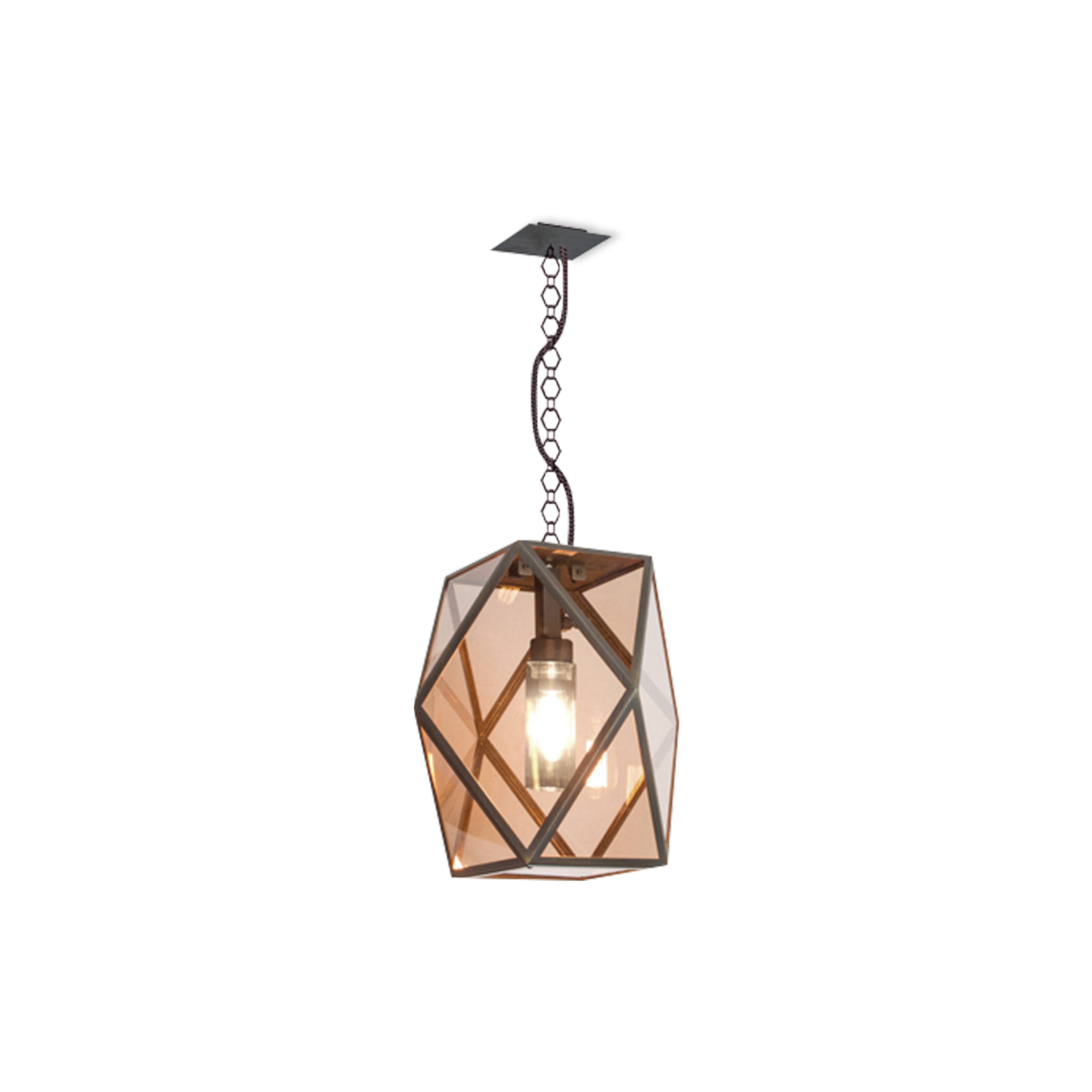 Contardi Lighting Muse Lantern Suspension Floor Lamp - Medium - Bronze Lacquered Brown Braided Leather Handle - Amber Acrylic