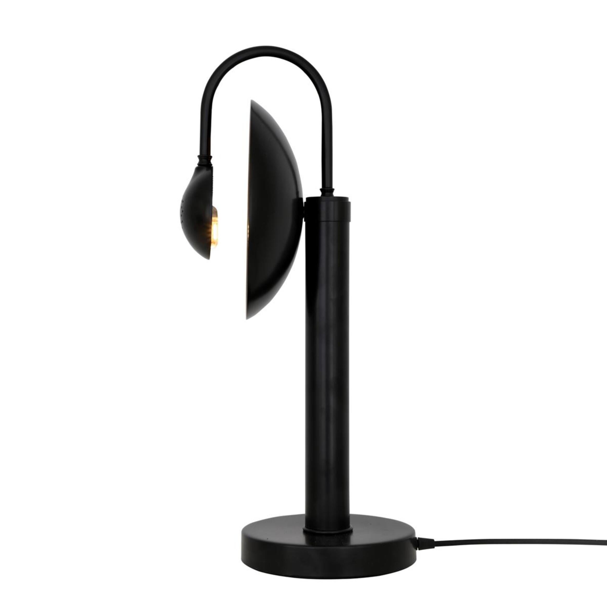 Mullan Orebro Brass Dish Pillar Table Lamp - Powder Coated Matte Black & Antique Brass Inner Finish