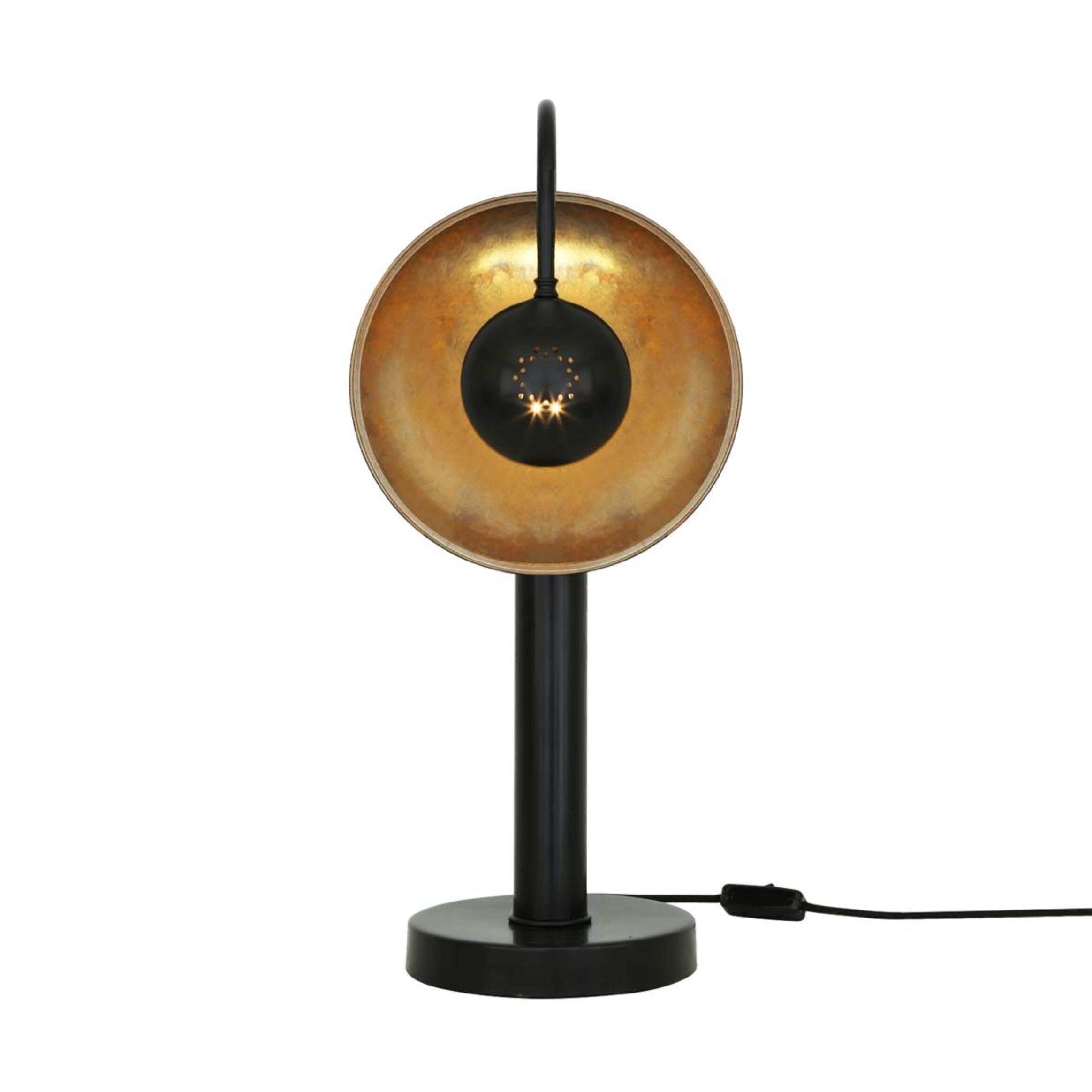 Mullan Orebro Brass Dish Pillar Table Lamp - Powder Coated Matte Black & Antique Brass Inner Finish