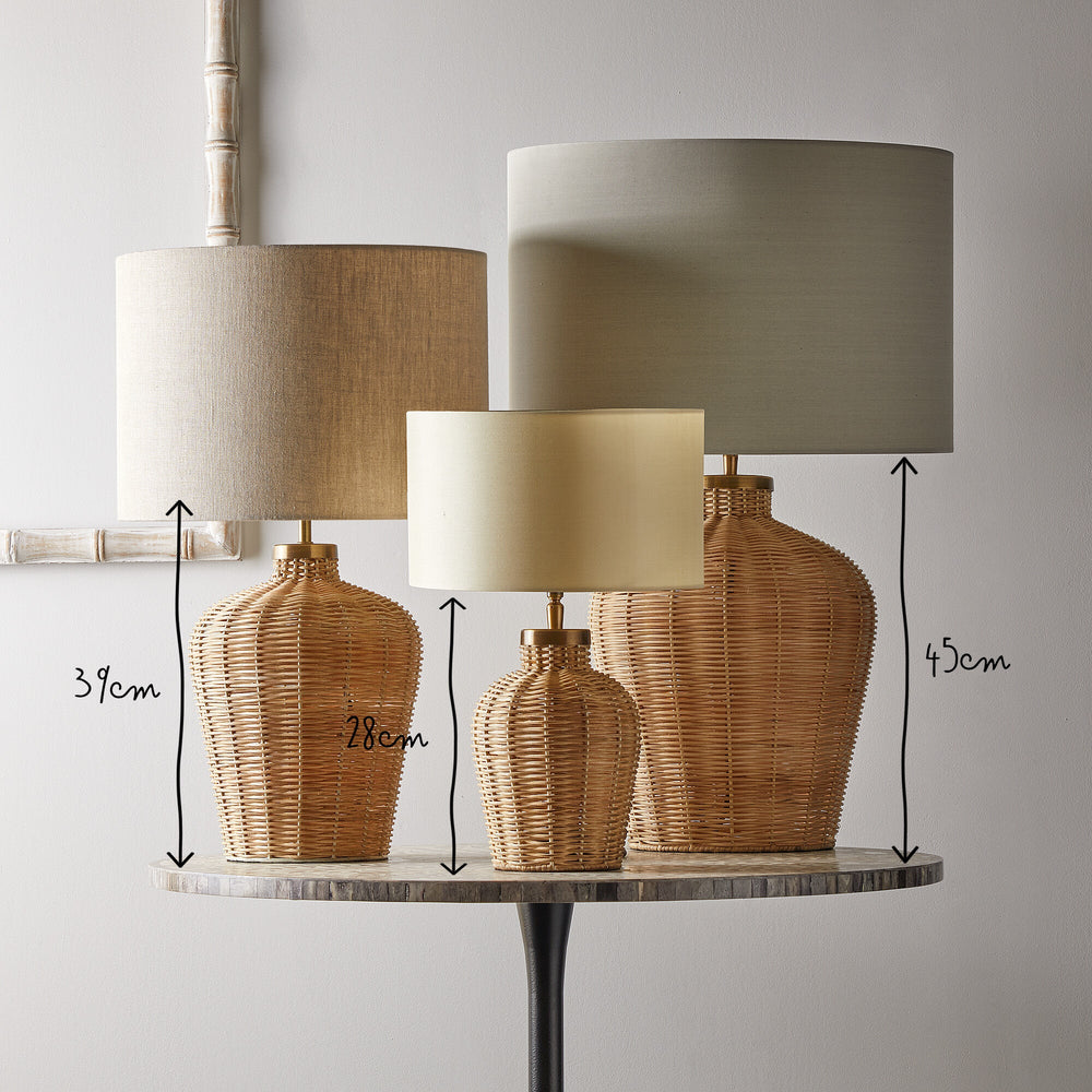 Pooky - Regular Rattle Table Lamp Base - Natural Cane size comparison showing 28cm, 39cm, and 45cm heights.