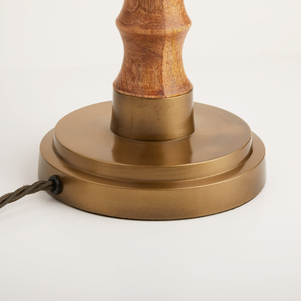 Close-up base detail of Pooky - Tinto Table Lamp Base - Natural Wood and Antique Brass
