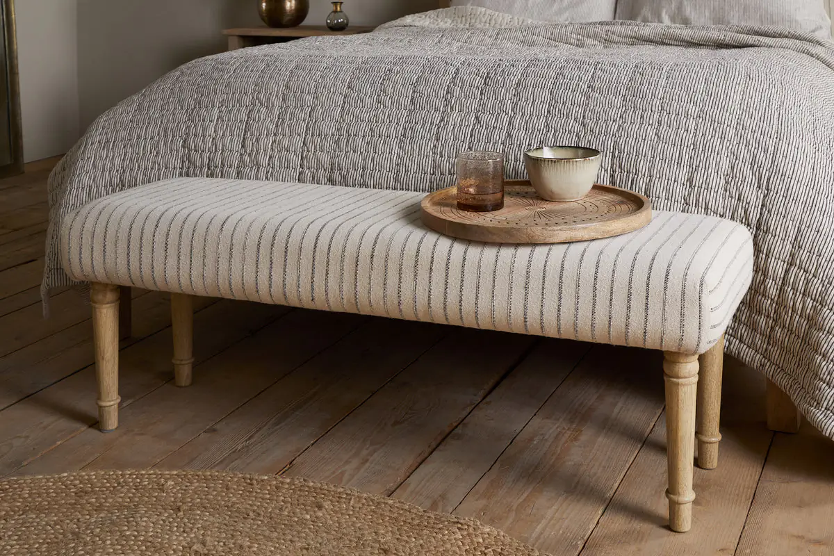Nkuku - Sanja Stripe Upholstered Bench - Grey