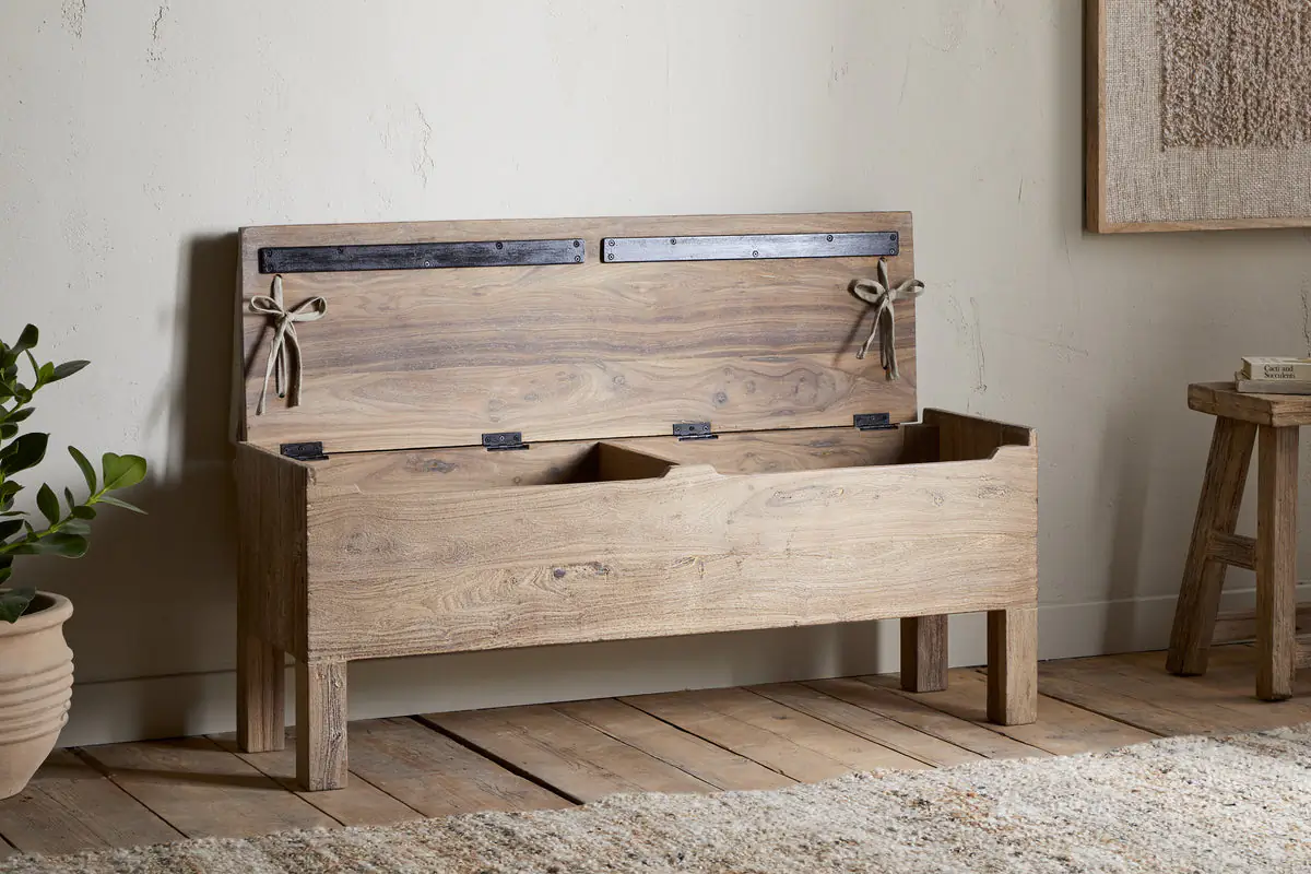 Nkuku - Teni Reclaimed Wood Storage Bench with Upholstered Linen Cushion - Natural