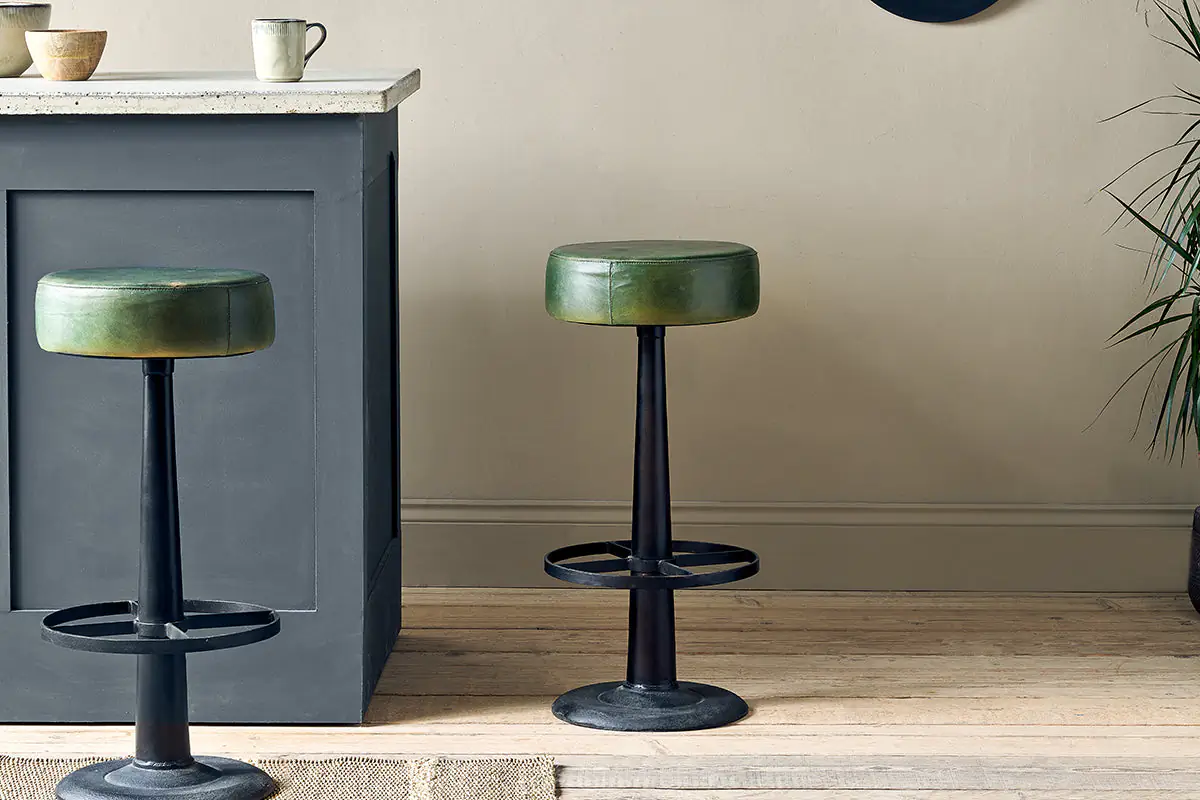 Nkuku - Narwana Leather Round Stool - Rich Green