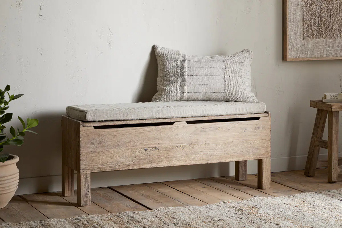 Nkuku - Teni Reclaimed Wood Storage Bench with Upholstered Linen Cushion - Natural
